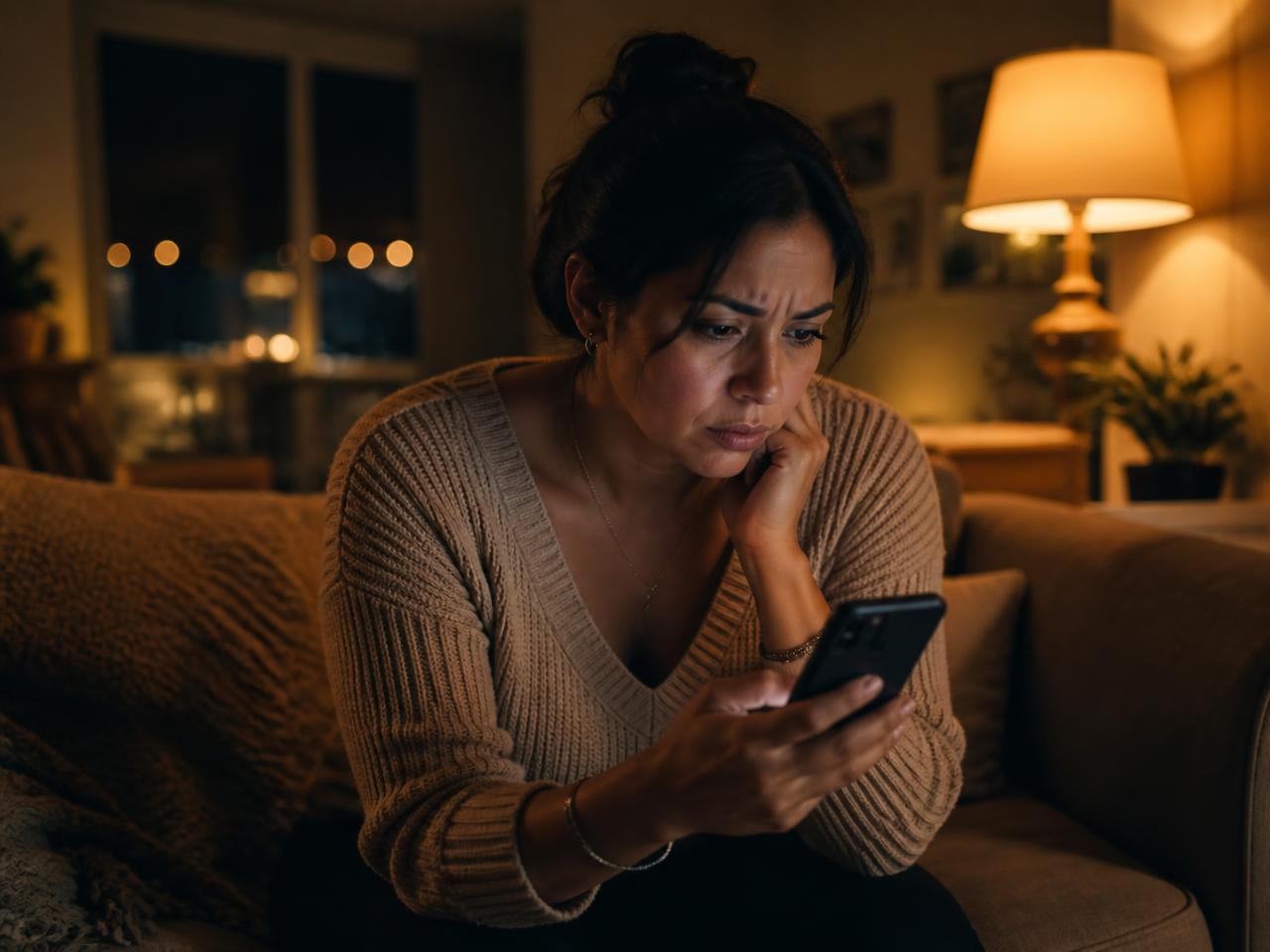 Mujer latina esperando un mensaje en su celular por la noche