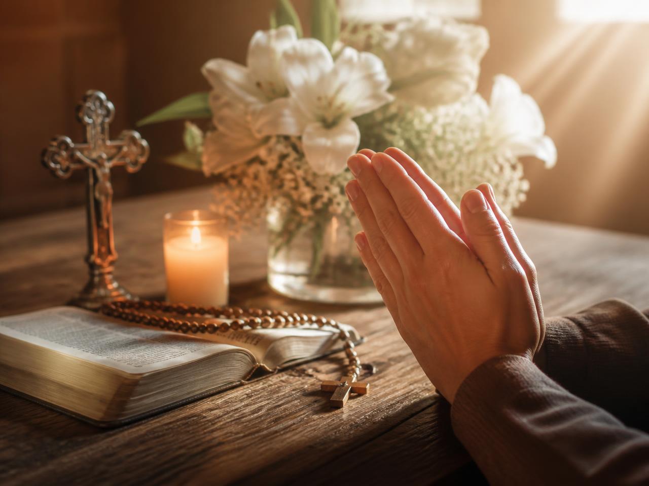Manos en oración junto a velas y flores