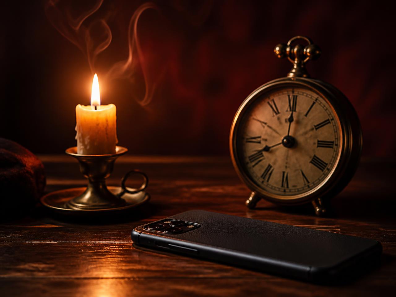Vela encendida, reloj y teléfono sin respuesta